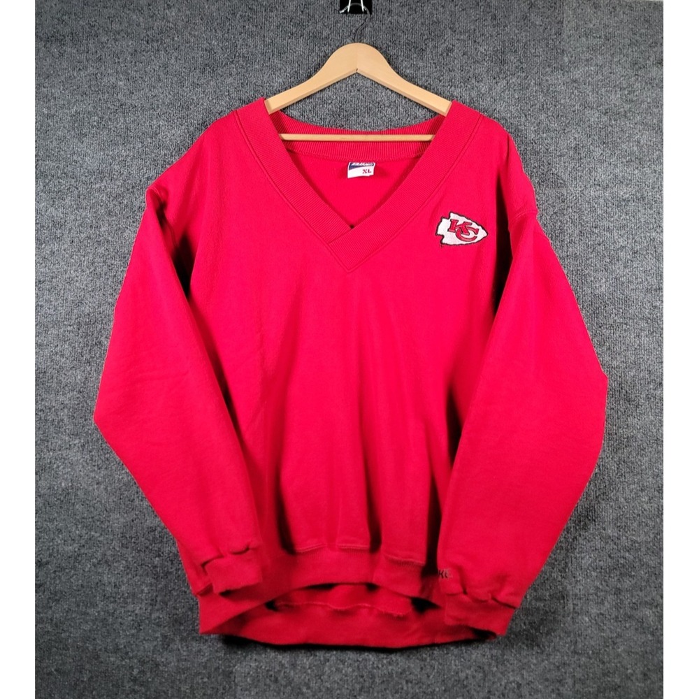 Vintage 90s Kansas City Chiefs NFL Crewneck Sweatshirt Red V-Neck Embroidered XL